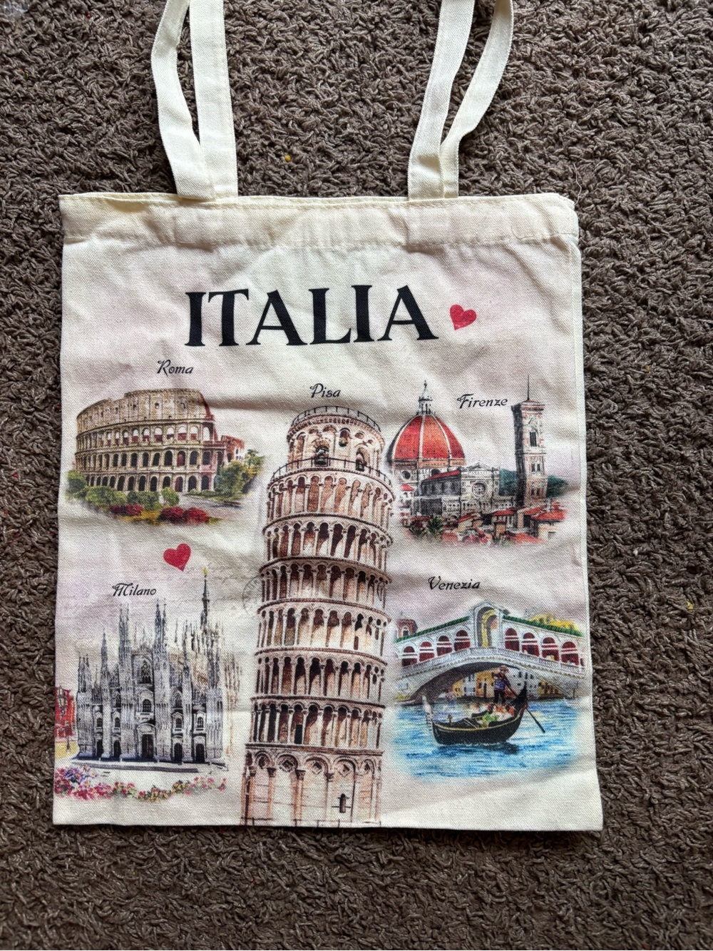 Italia Landmark Canvas Tote - Cream with Colorful Prints